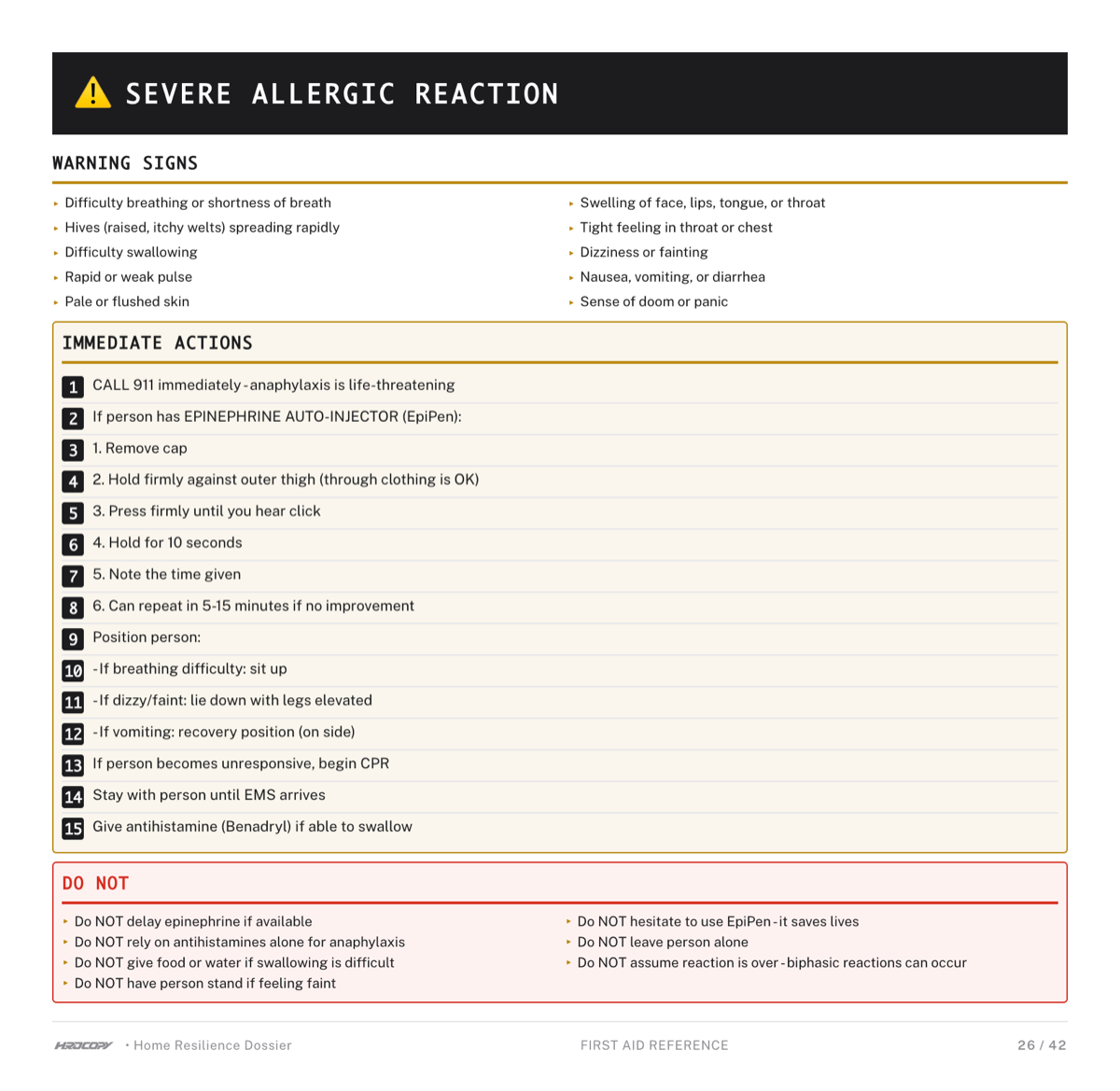Sample severe allergic reaction first-aid card