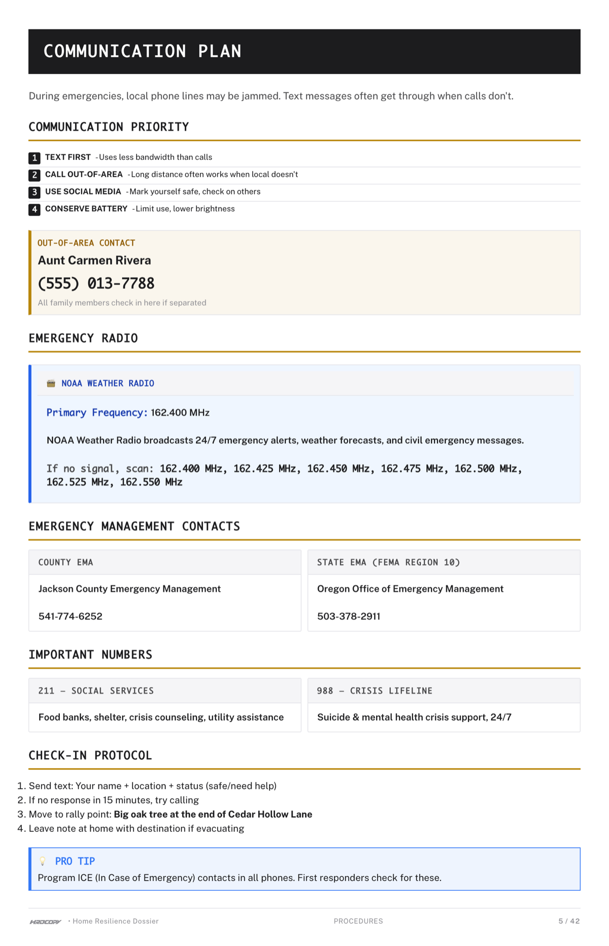 Sample family communication plan page