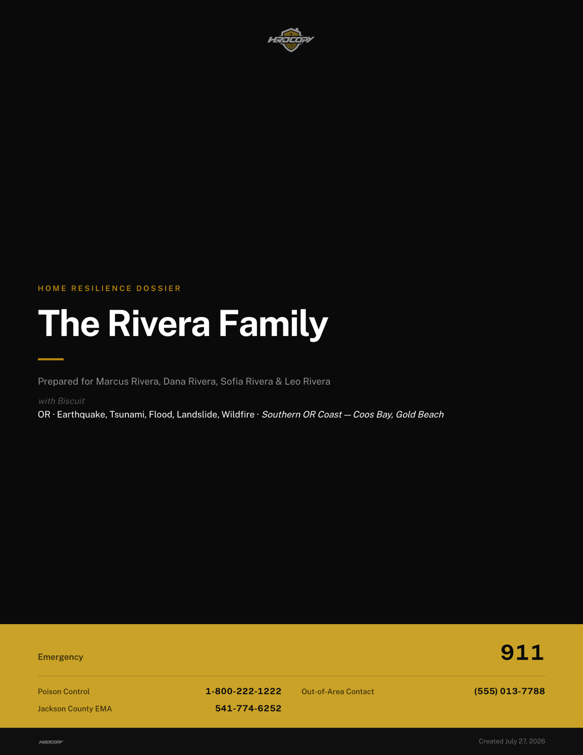 Sample manual cover page with household name