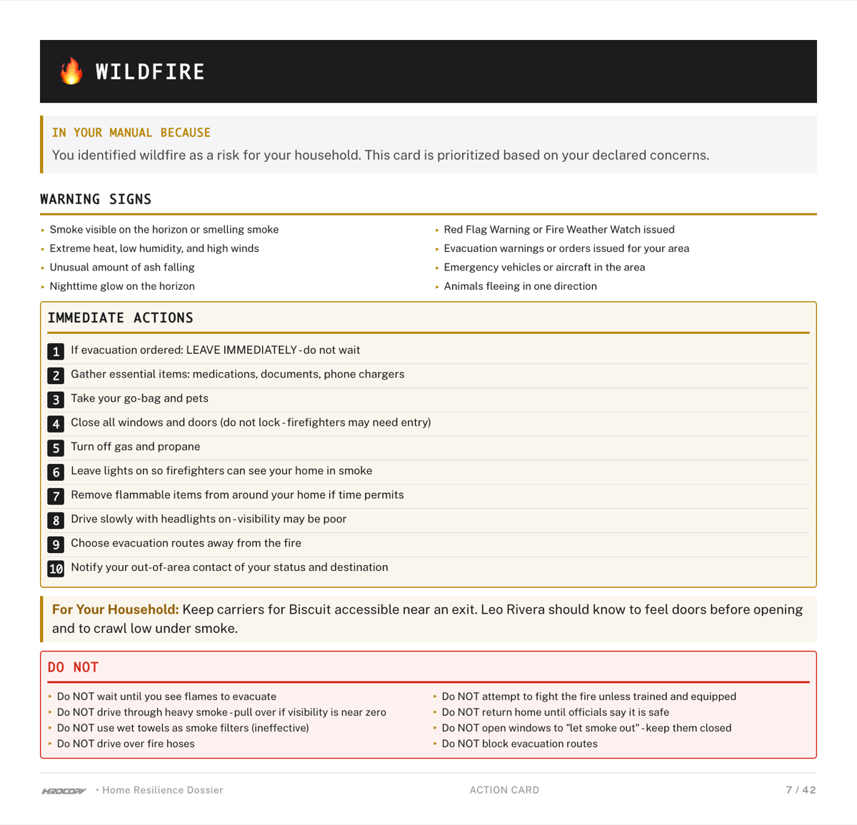 Sample wildfire action card with warning signs, numbered immediate actions, and household-specific notes